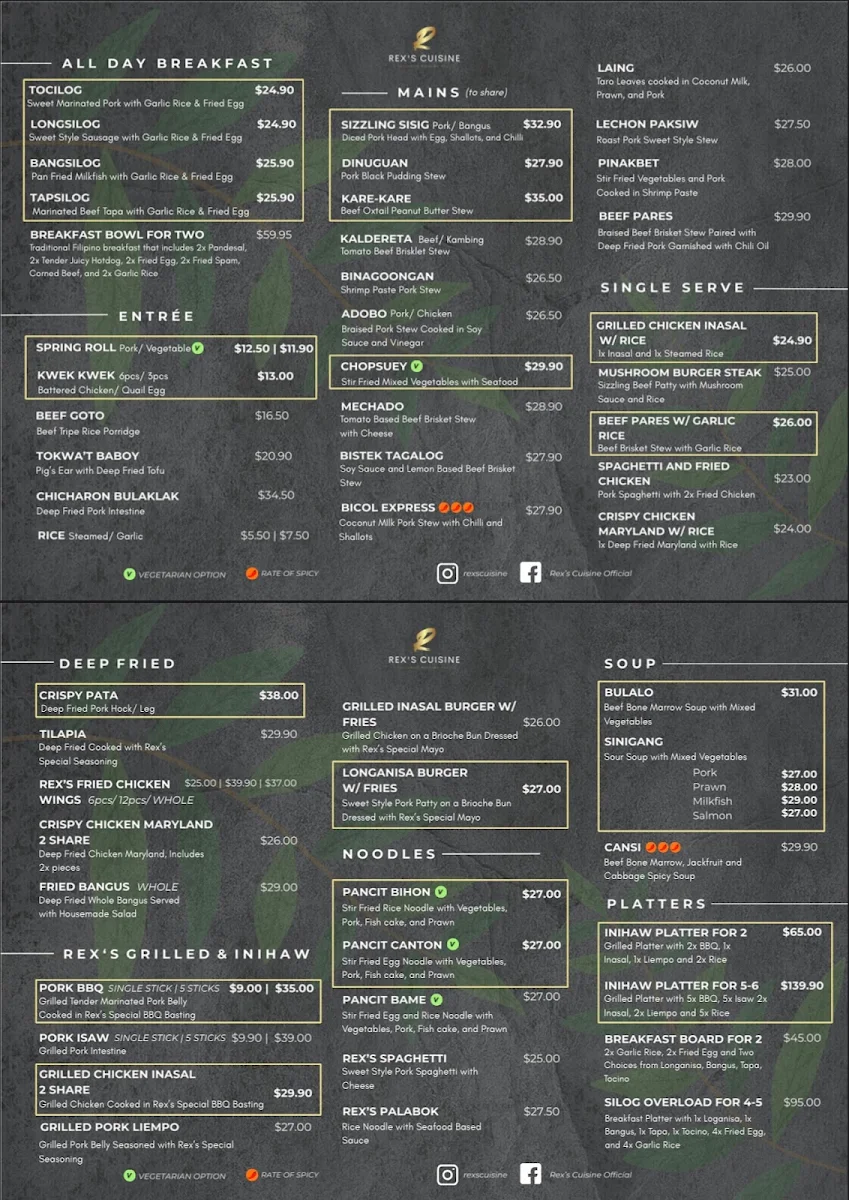 Menu, Rex's Cuisine
