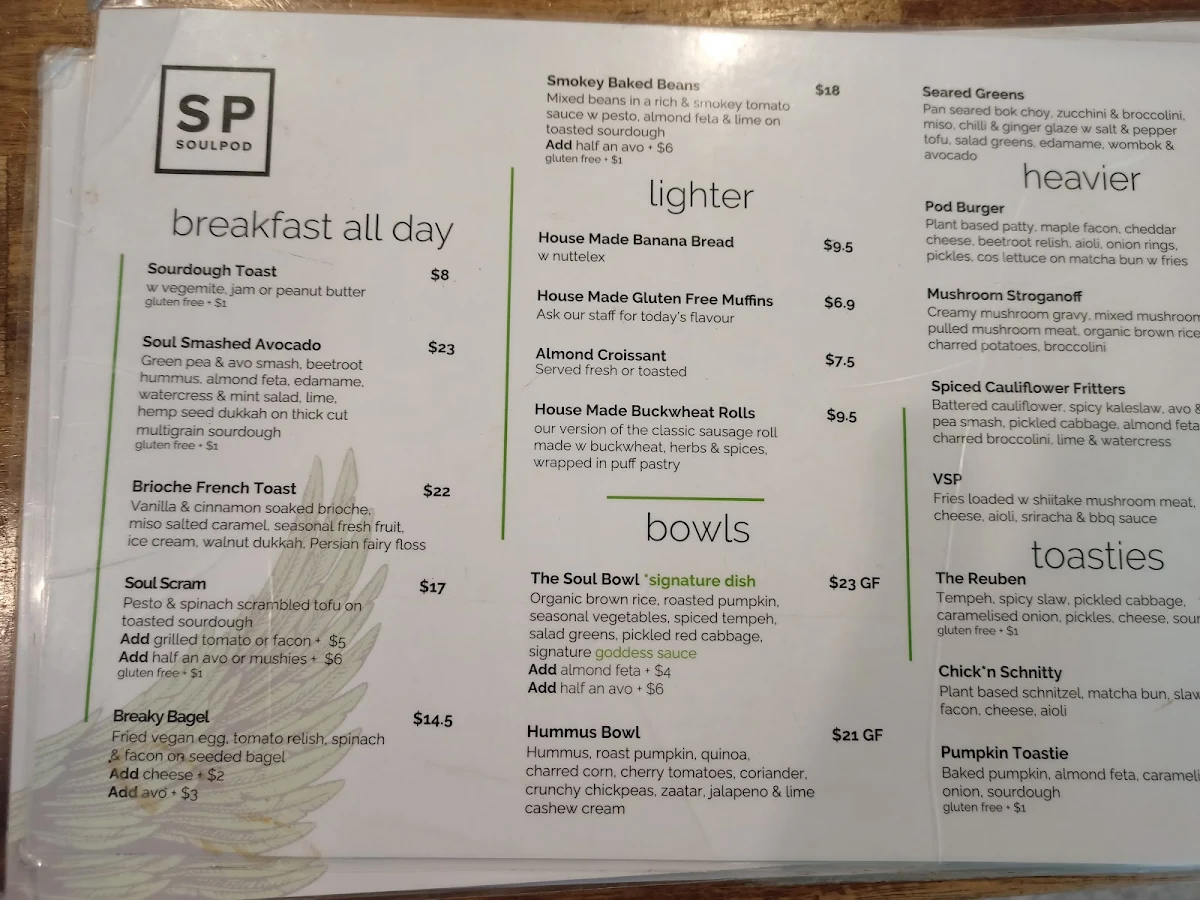 Menu, SoulPod Cafe