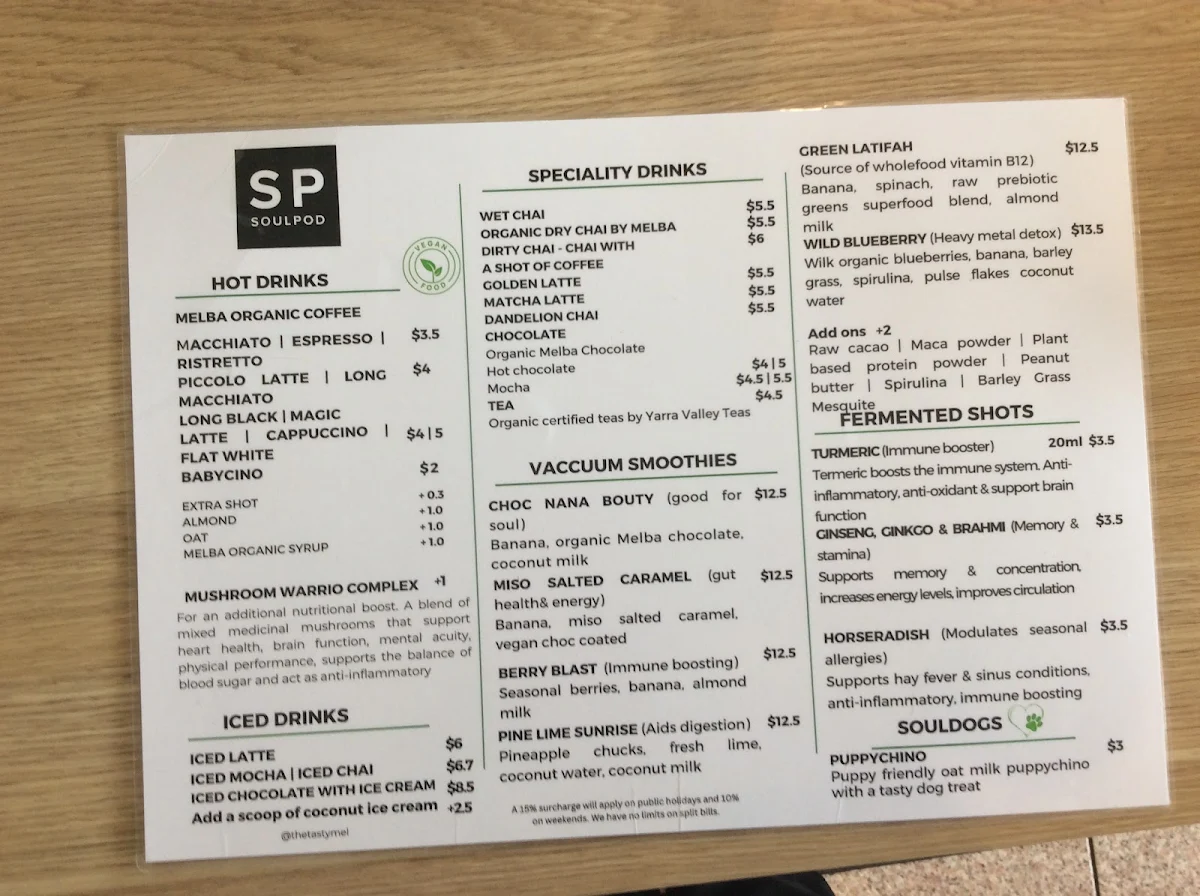 Menu, SoulPod Cafe