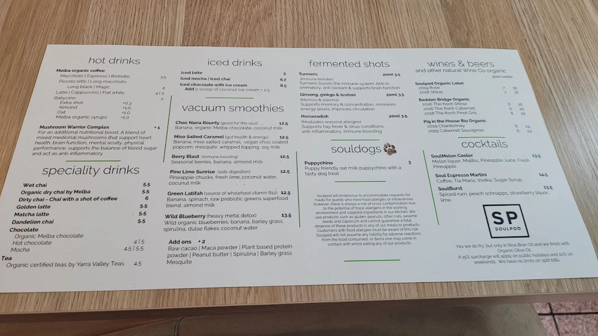 Menu, SoulPod Cafe
