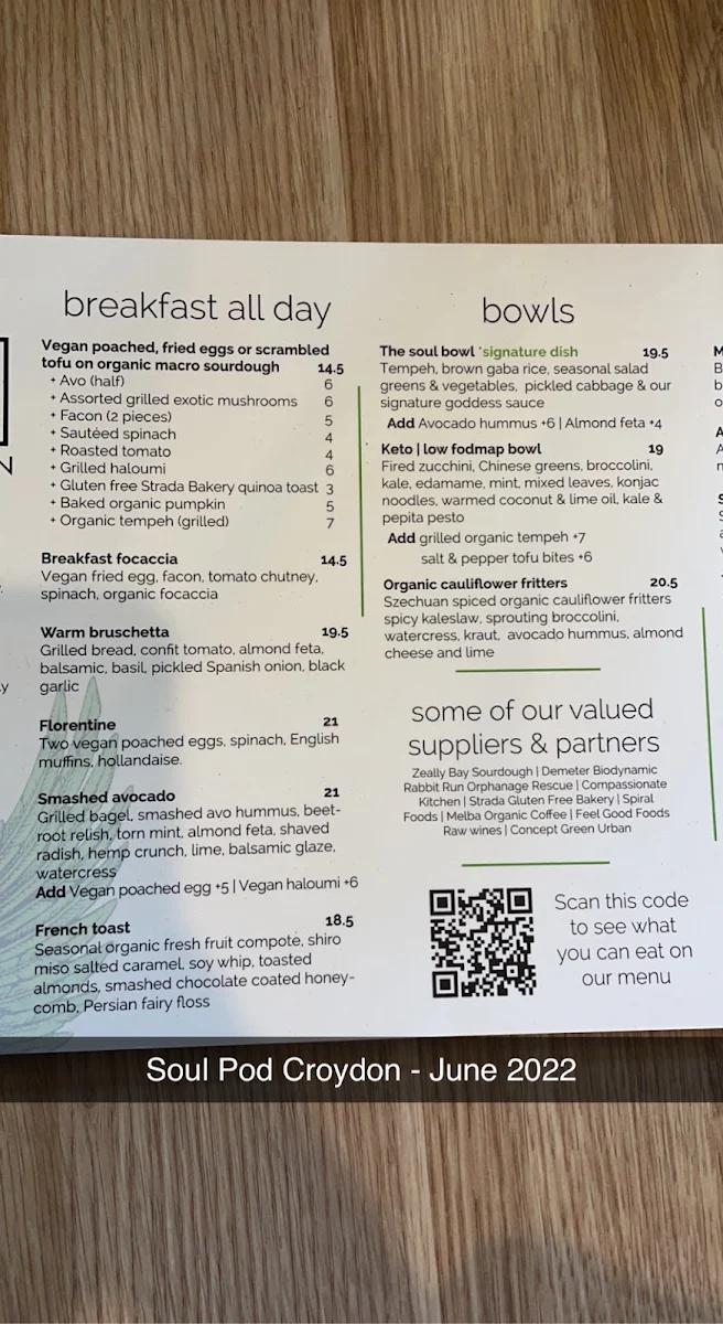 Menu, SoulPod Cafe
