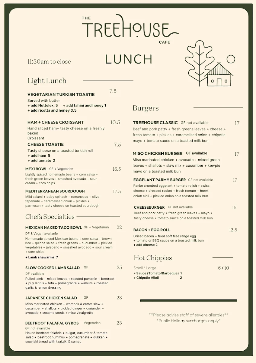 Menu, The Treehouse Cafe