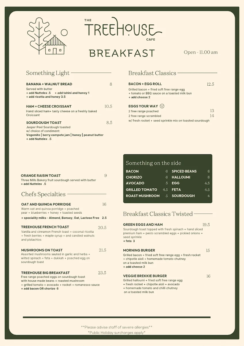 Menu, The Treehouse Cafe