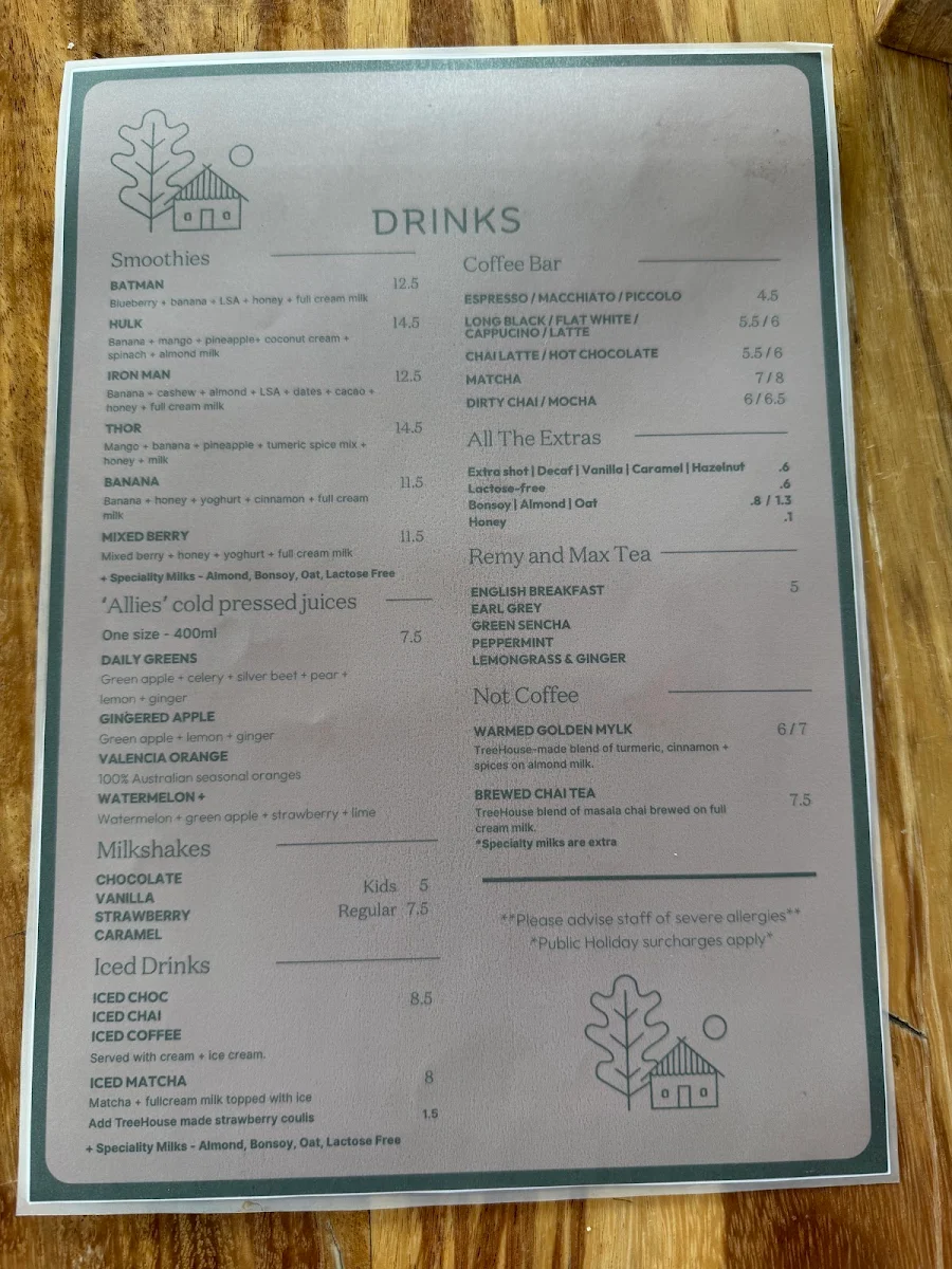 Menu, The Treehouse Cafe