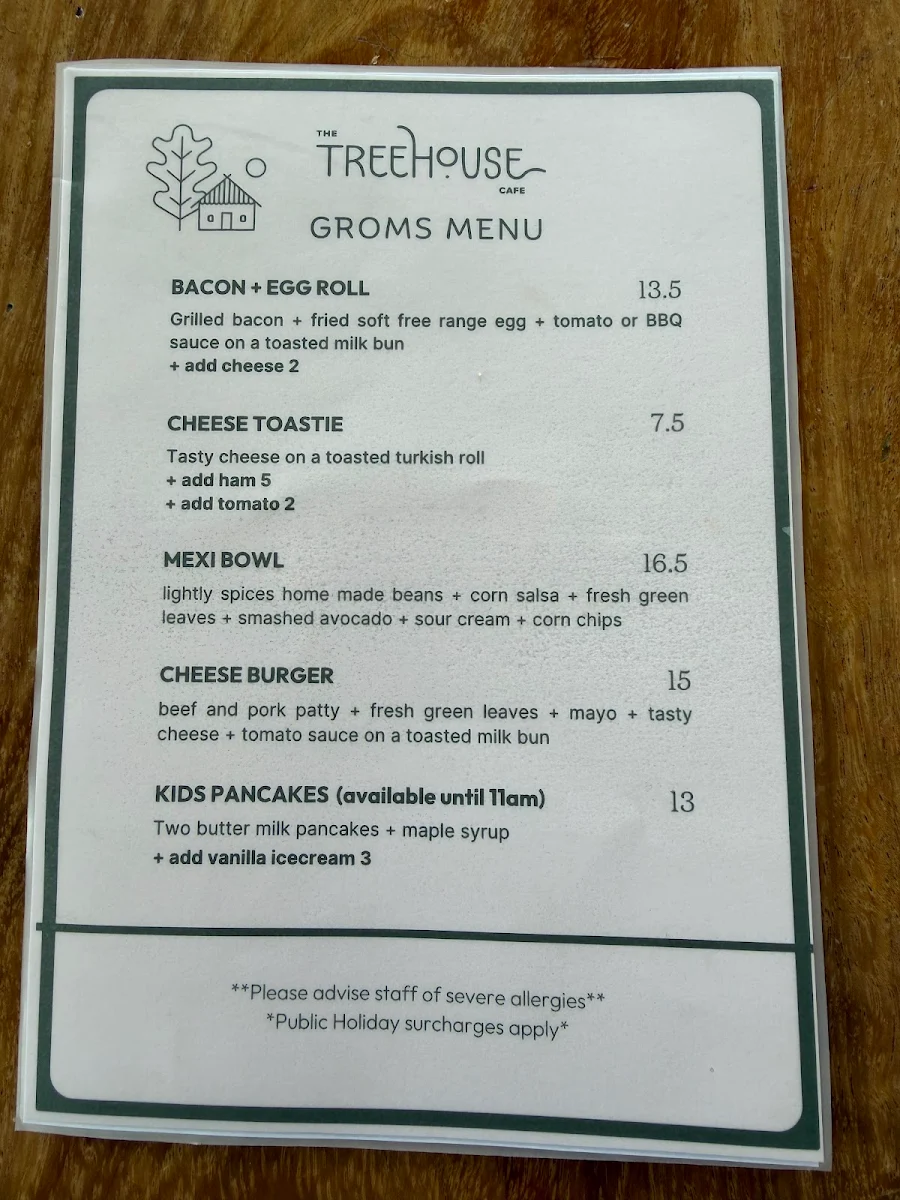 Menu, The Treehouse Cafe