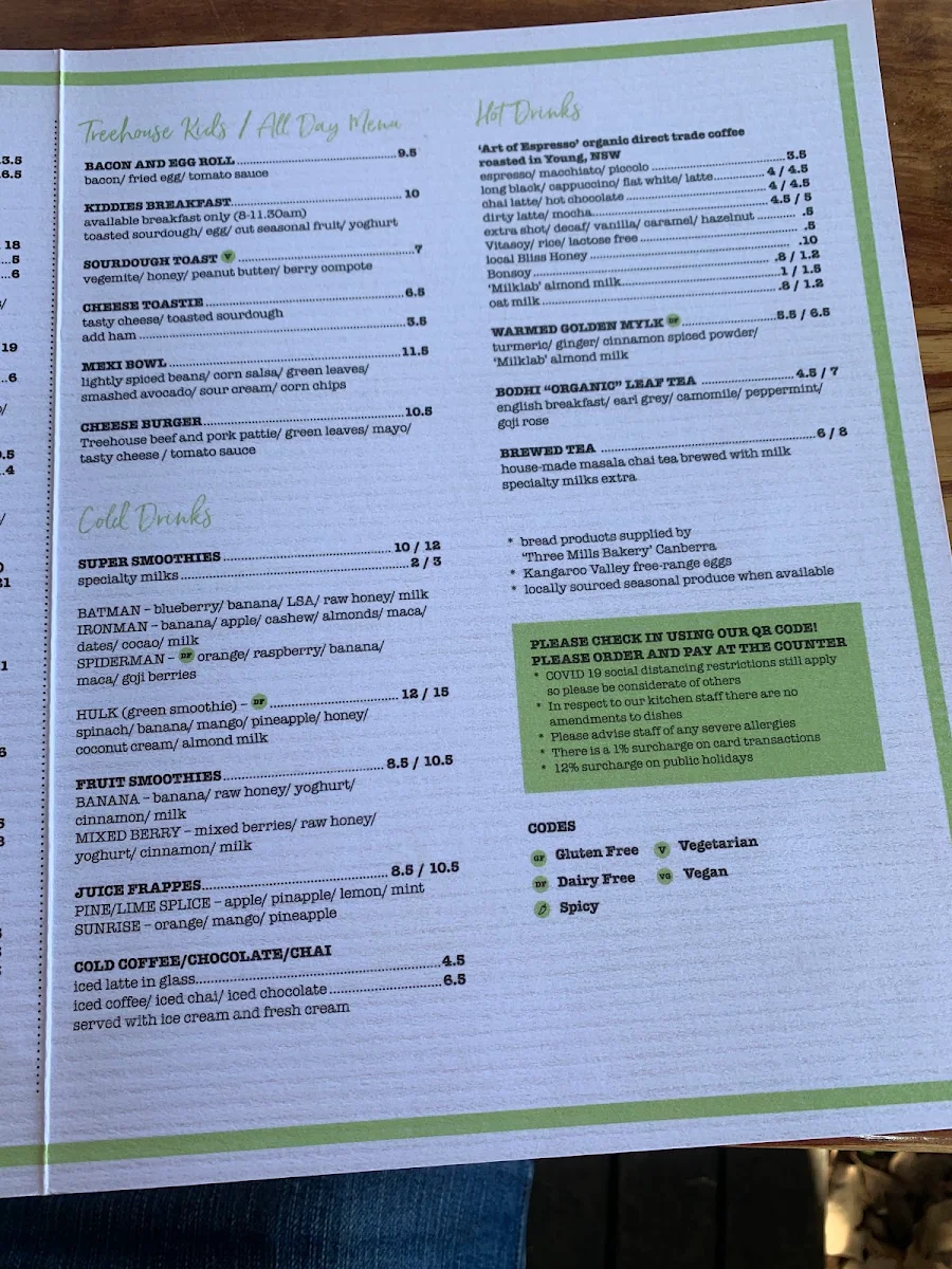 Menu, The Treehouse Cafe