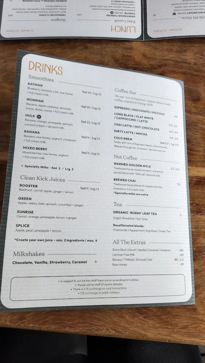Menu, The Treehouse Cafe