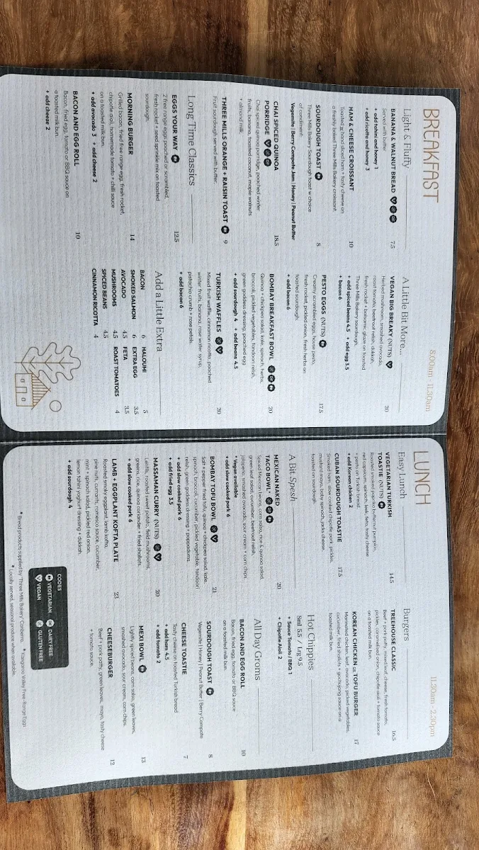 Menu, The Treehouse Cafe