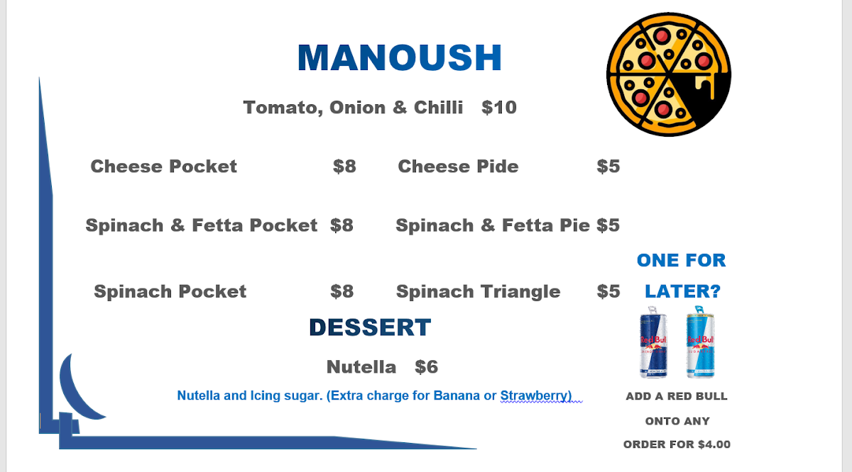 Menu, Belmore Pizza and Manoush
