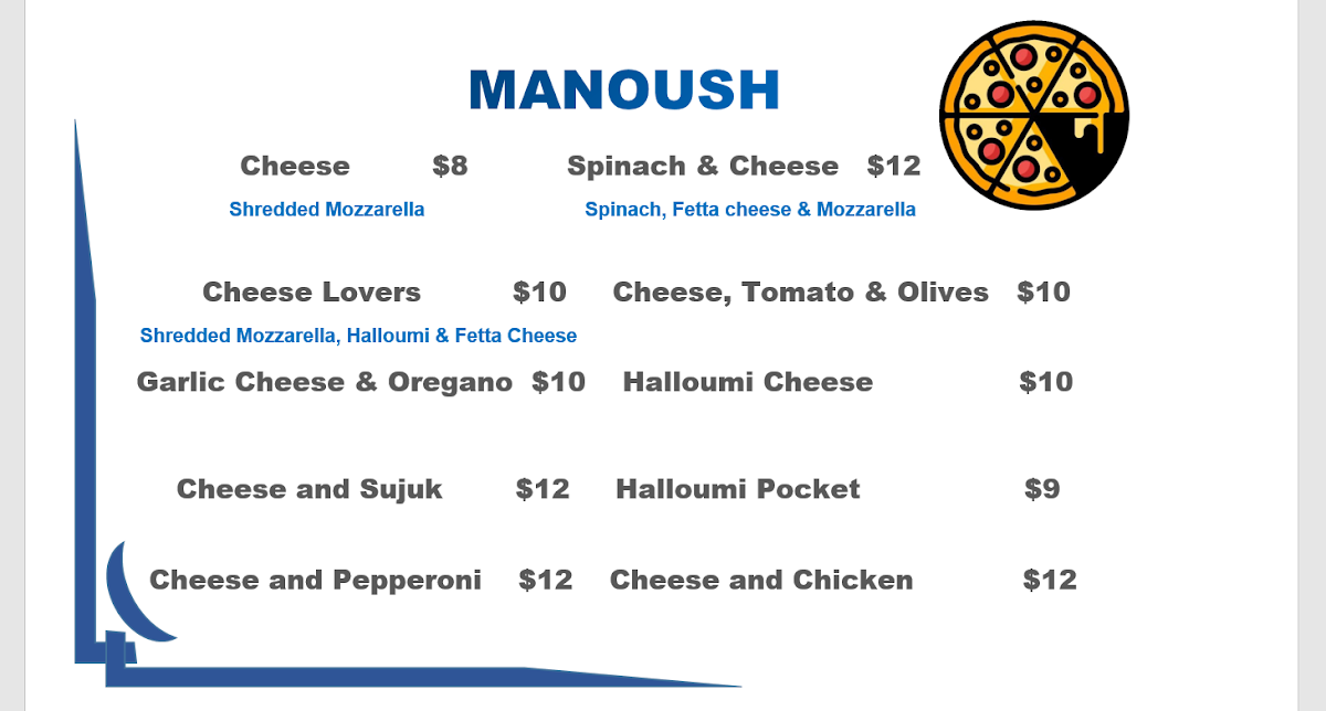 Menu, Belmore Pizza and Manoush