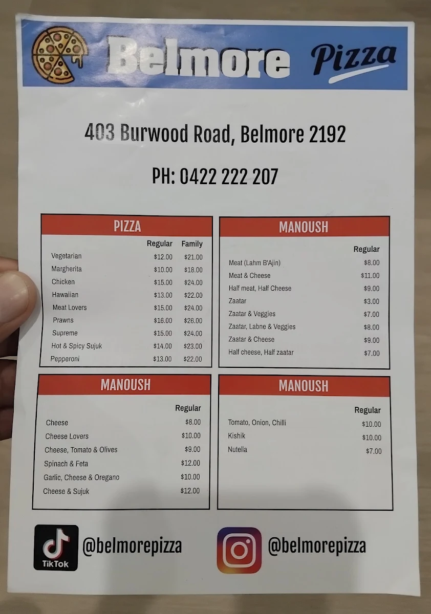 Menu, Belmore Pizza and Manoush