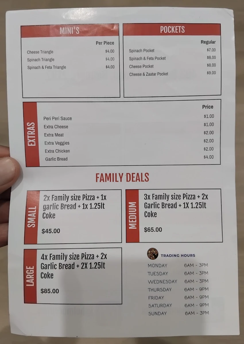 Menu, Belmore Pizza and Manoush