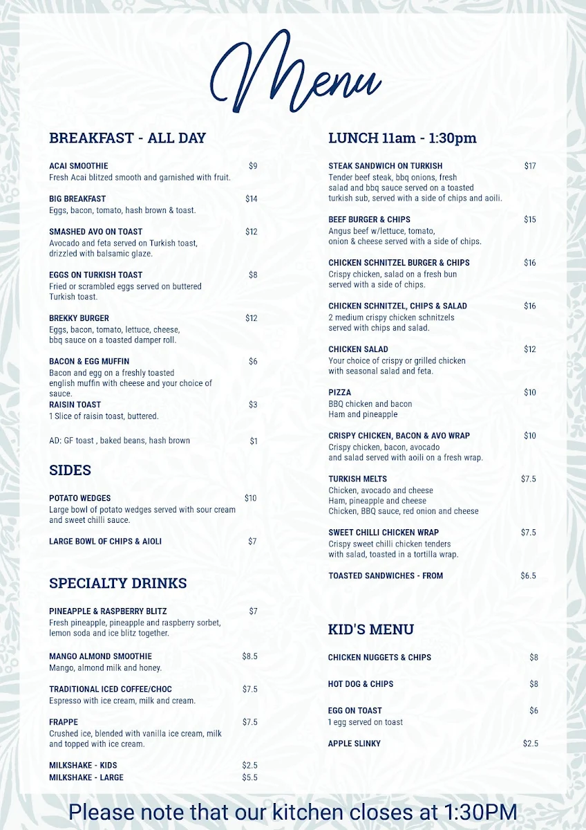 Menu, Creekside Cafe