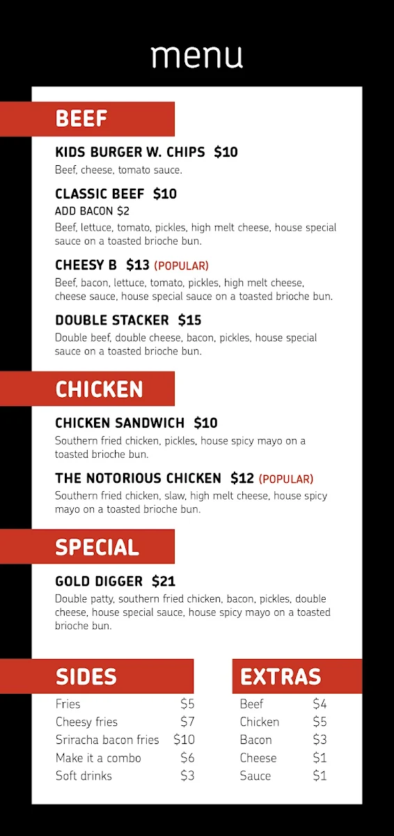 Menu, Rons Handburger Banksia