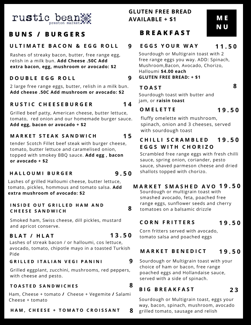Menu, Rustic Bean