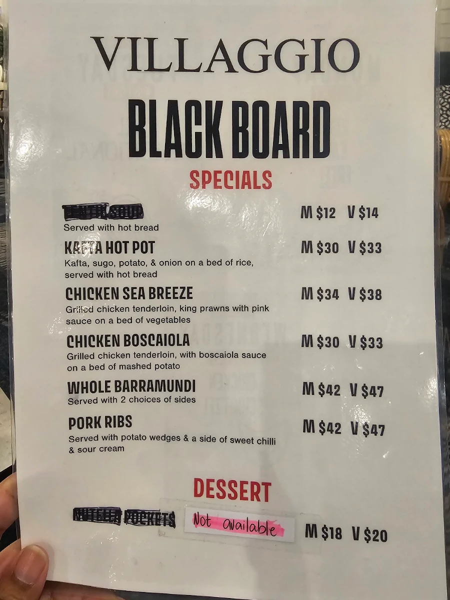 Menu, Villaggio Blacktown