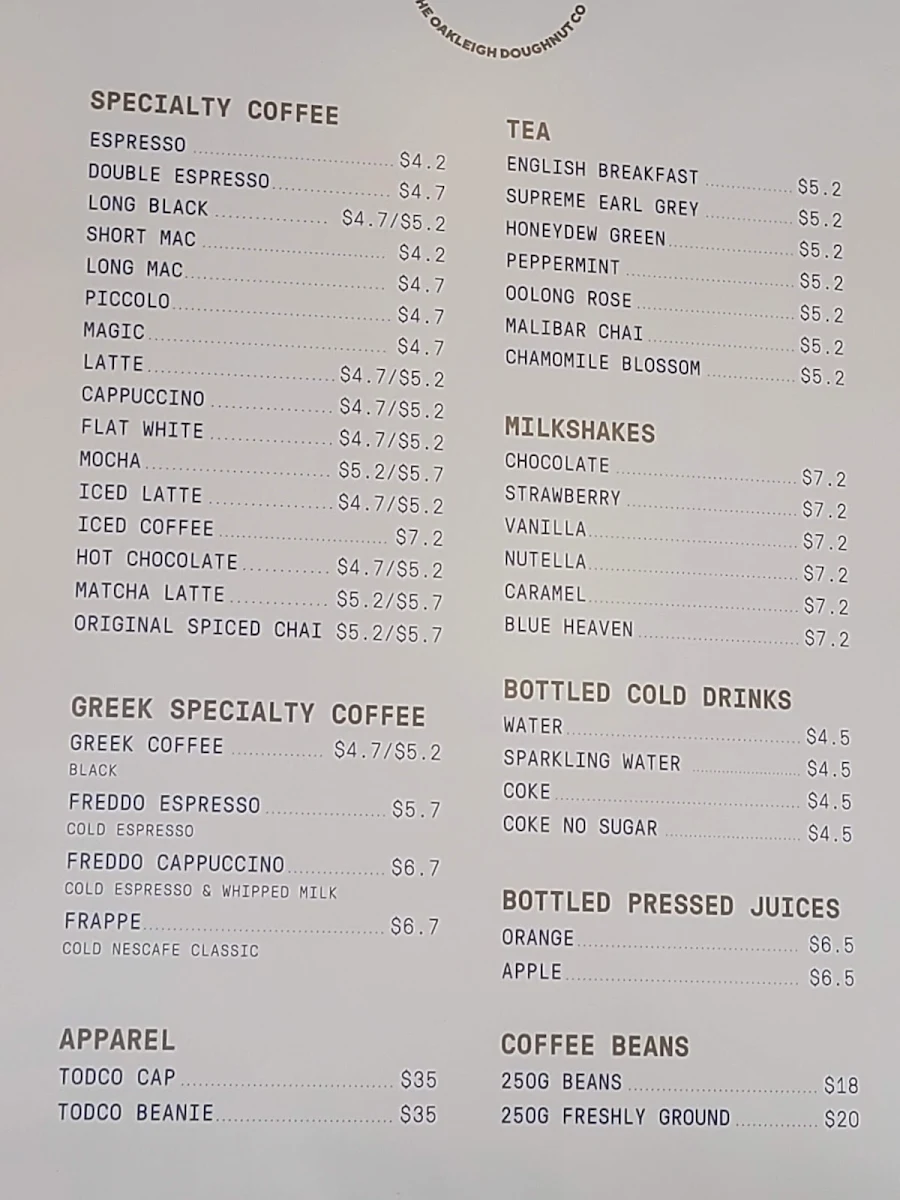 Menu, TODCO - The Oakleigh Doughnut Co (Oakleigh)