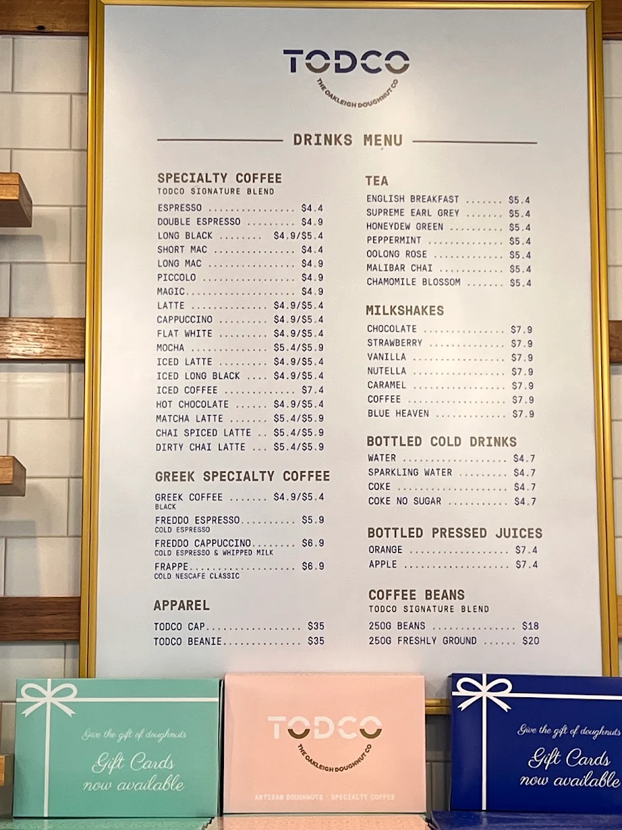 Menu, TODCO - The Oakleigh Doughnut Co (Oakleigh)