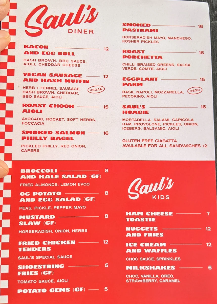 Menu, Saul's Sandwiches