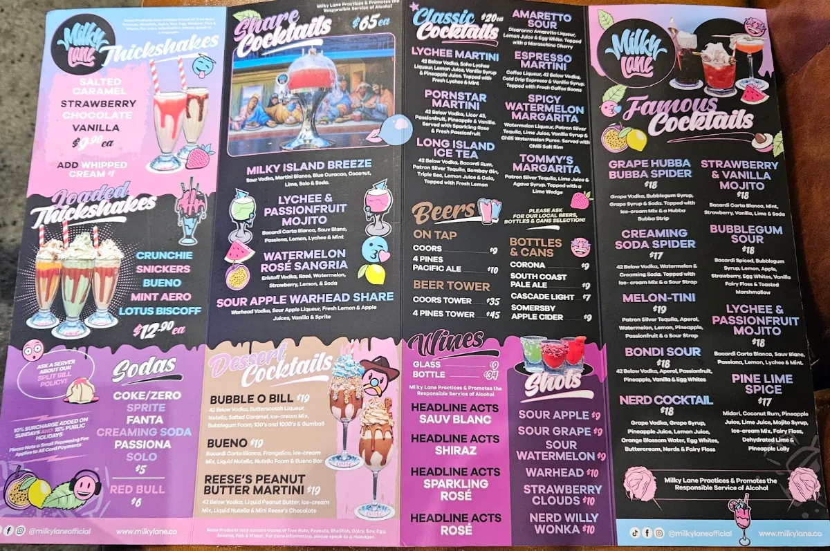 Menu, Milky Lane Curtin Exchange