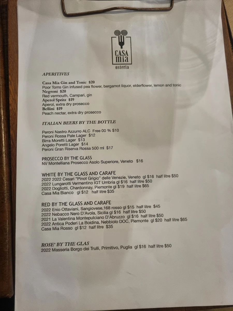 Menu, Casa Mia Osteria