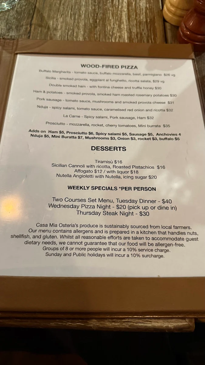 Menu, Casa Mia Osteria