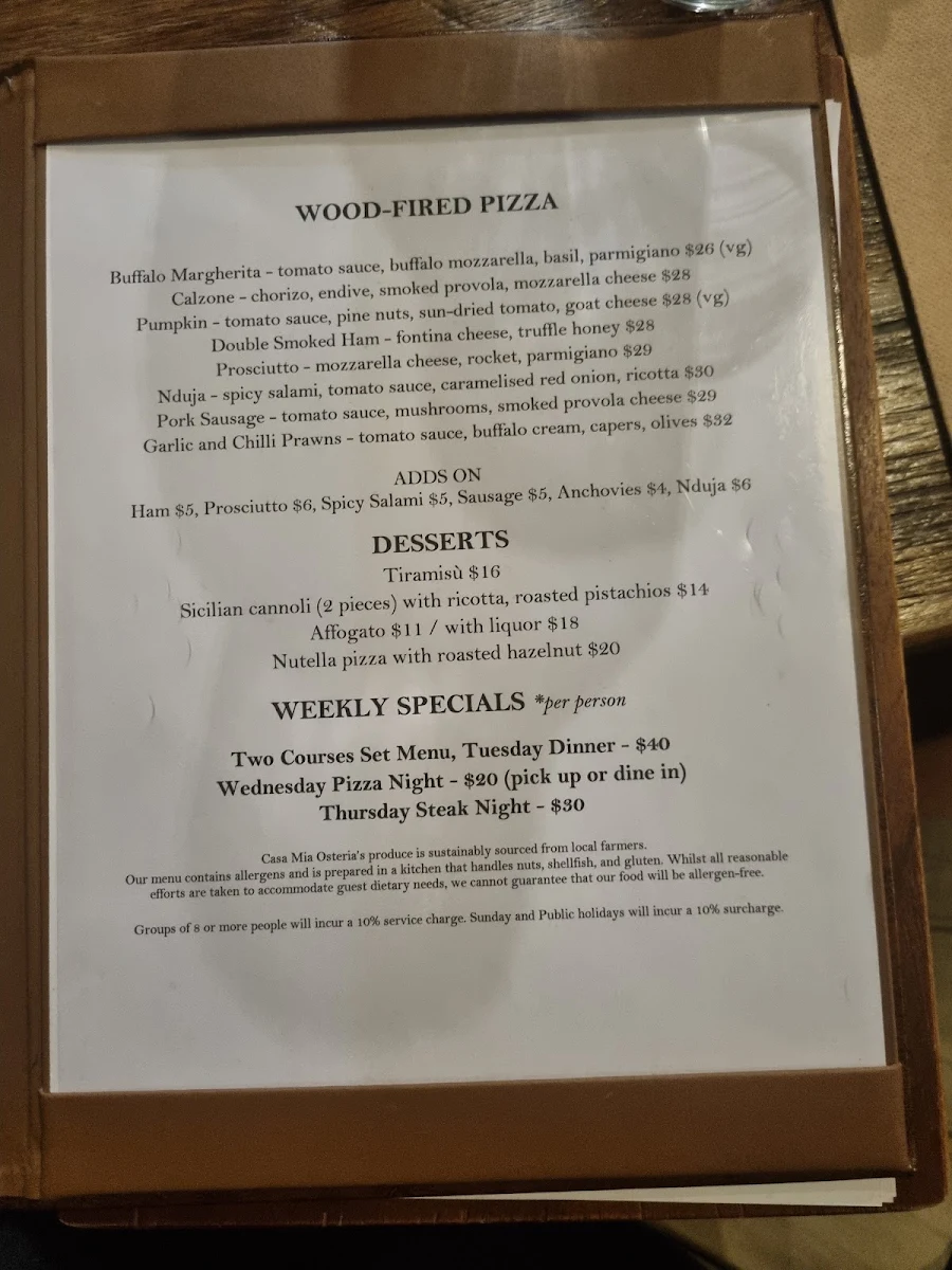 Menu, Casa Mia Osteria