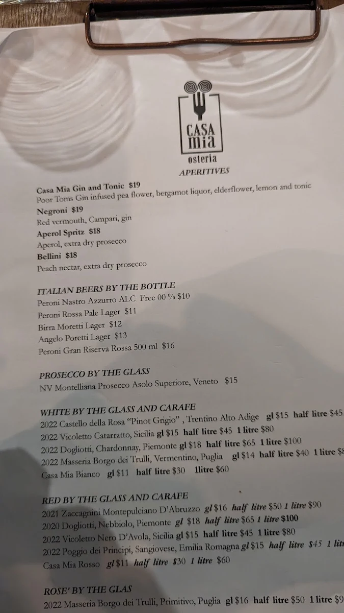 Menu, Casa Mia Osteria