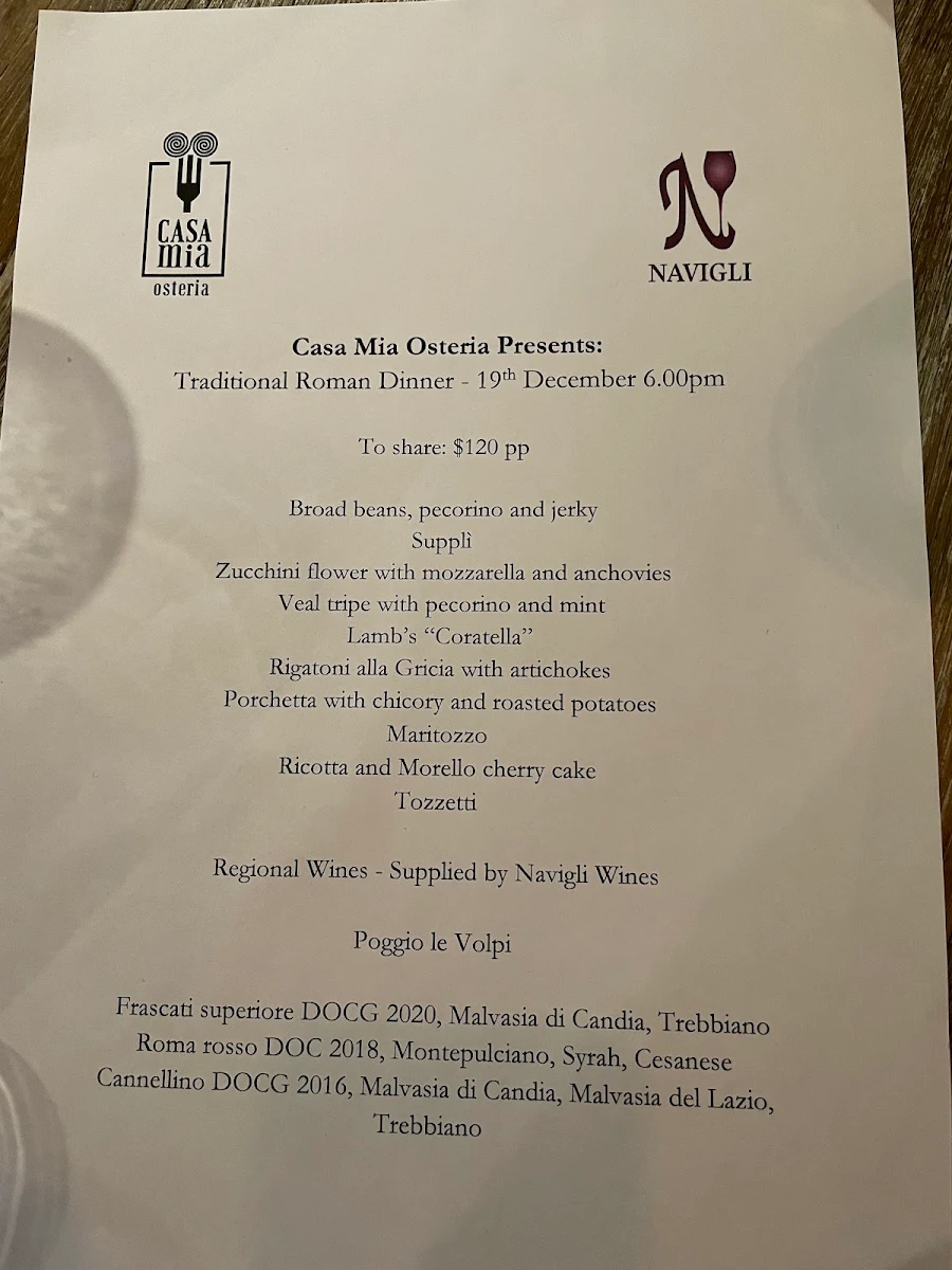 Menu, Casa Mia Osteria