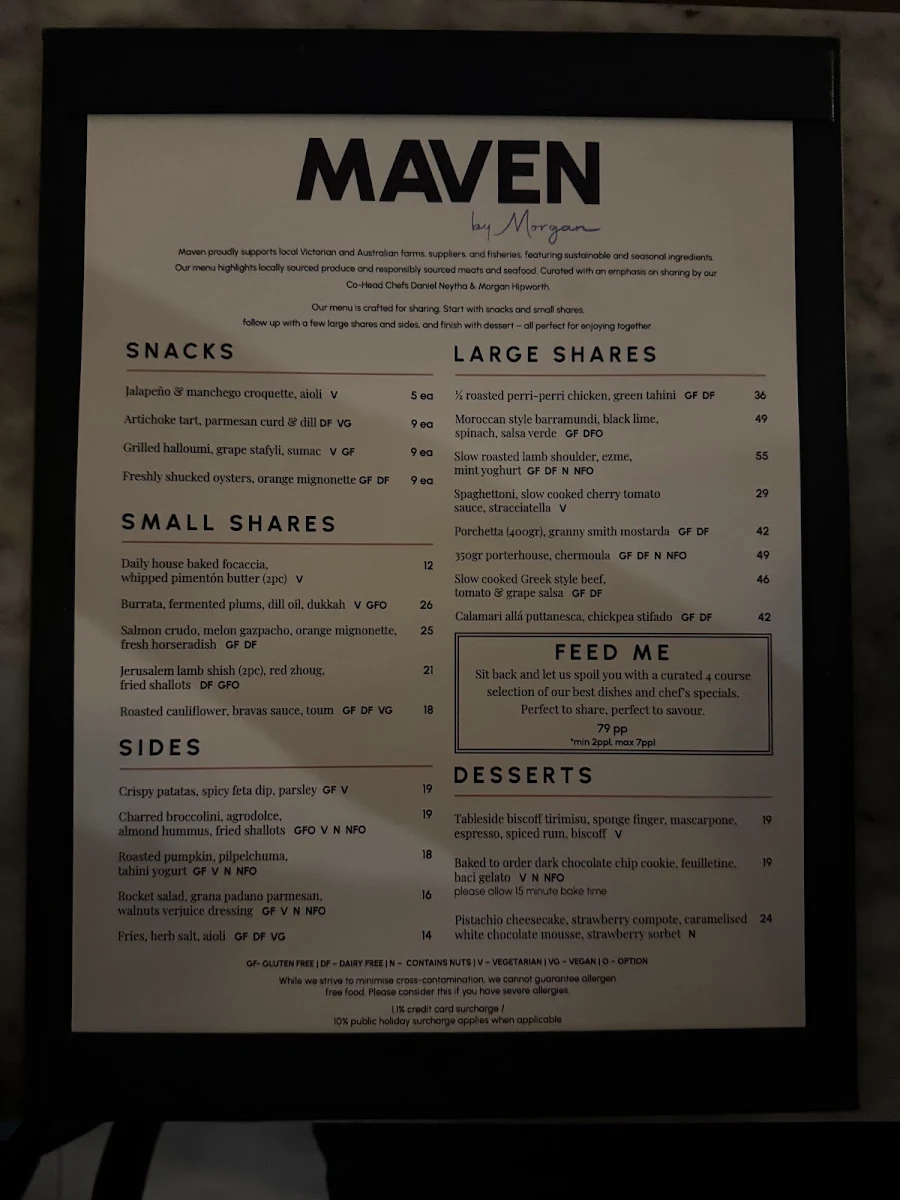 Menu, Maven by Morgan