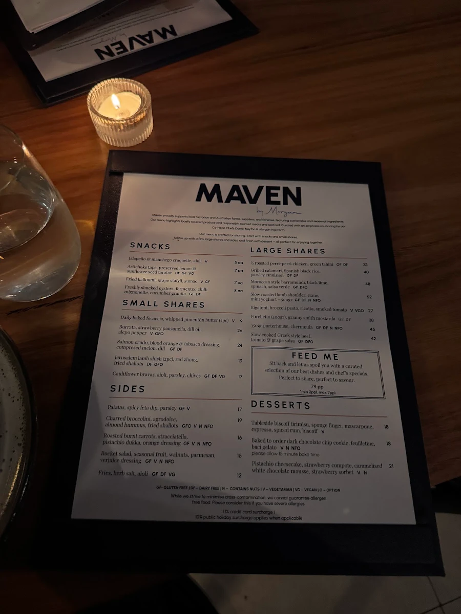 Menu, Maven by Morgan
