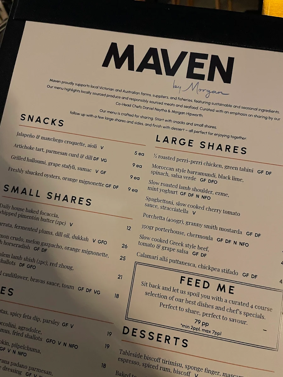 Menu, Maven by Morgan
