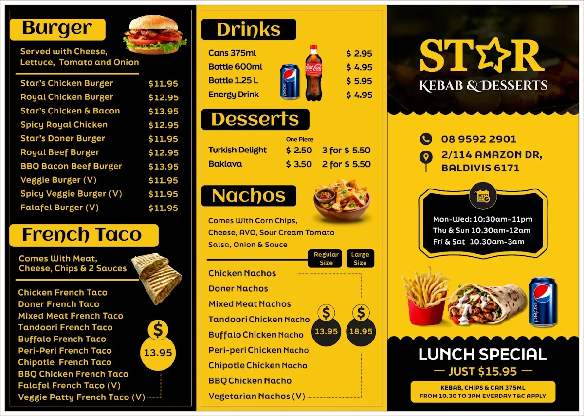 Menu, Star Kebab and Desserts