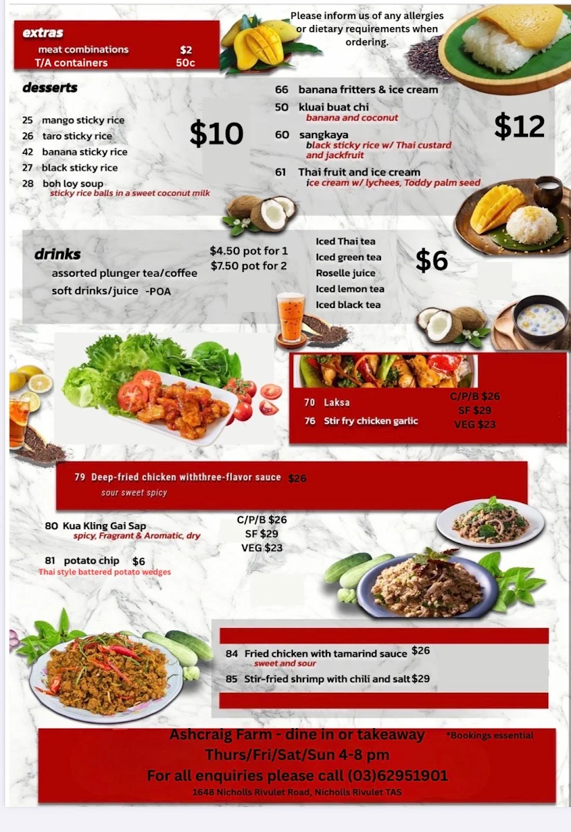 Menu, Ashcraig Farm Thai Restaurant