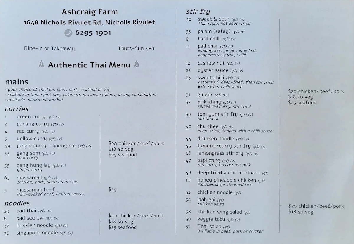 Menu, Ashcraig Farm Thai Restaurant
