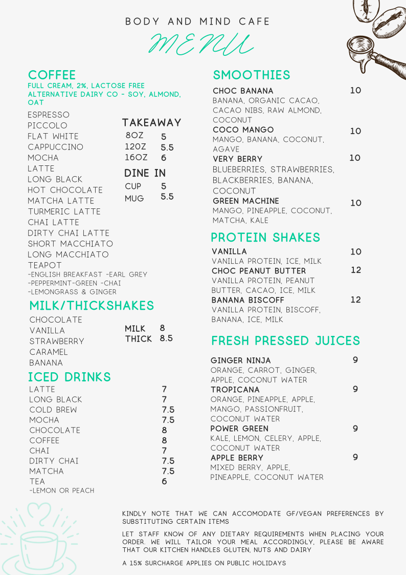 Menu, Body and Mind Cafe