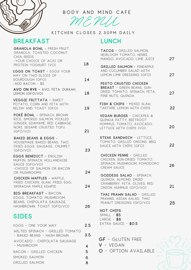 Menu, Body and Mind Cafe