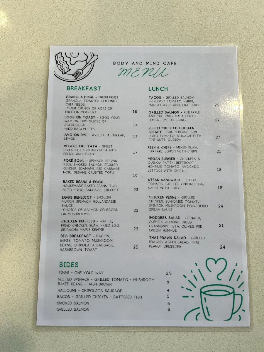 Menu, Body and Mind Cafe