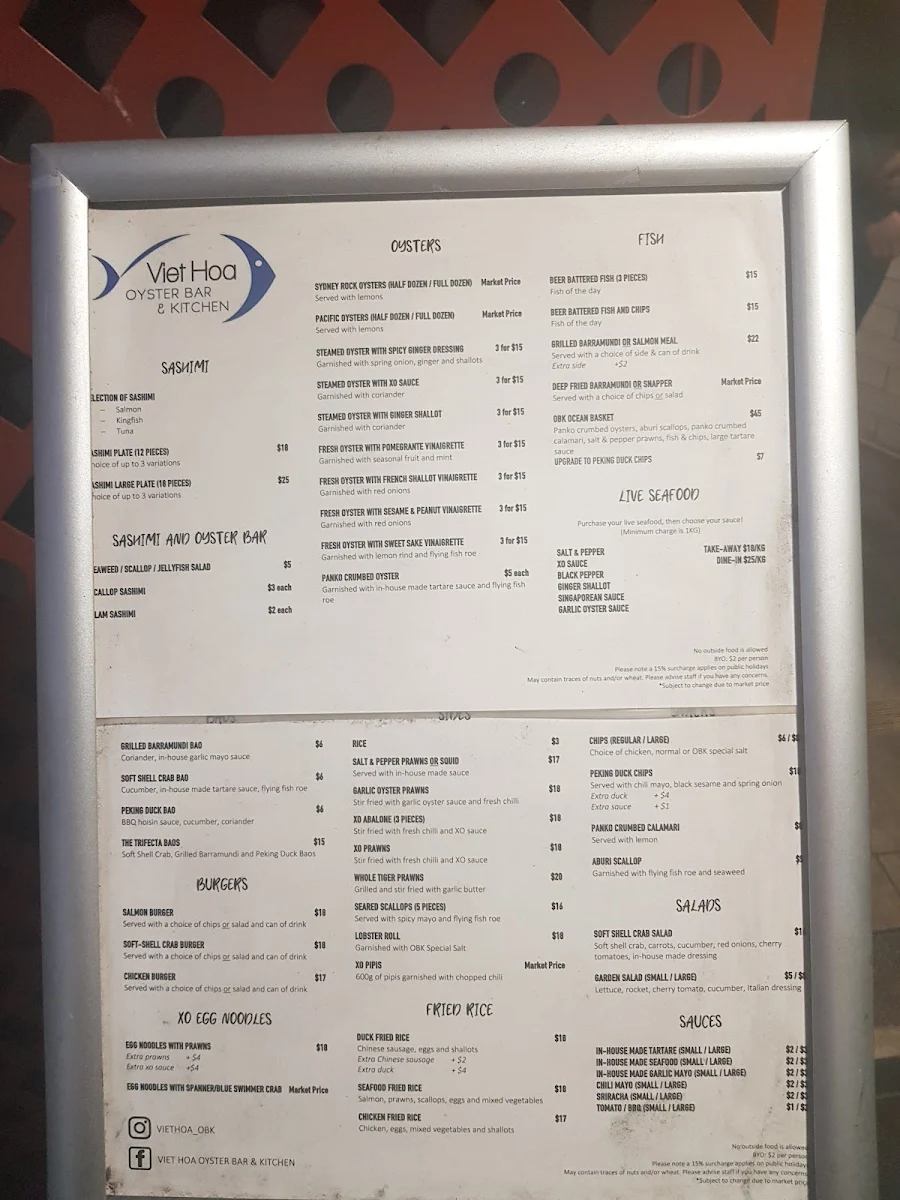 Menu, Viet Hoa Oyster Bar & Kitchen