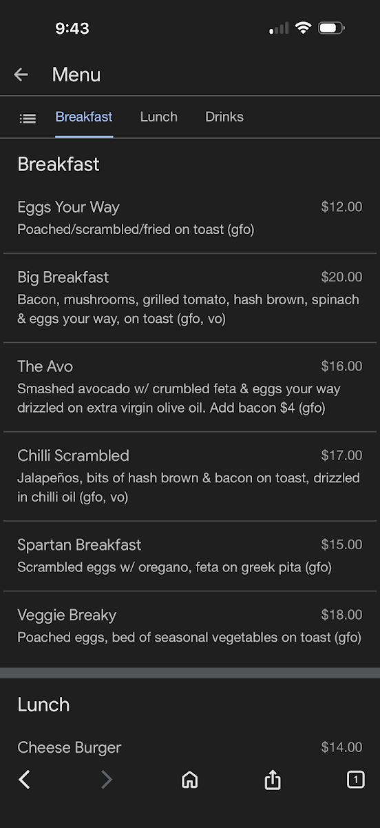 Menu, Four Point Grind