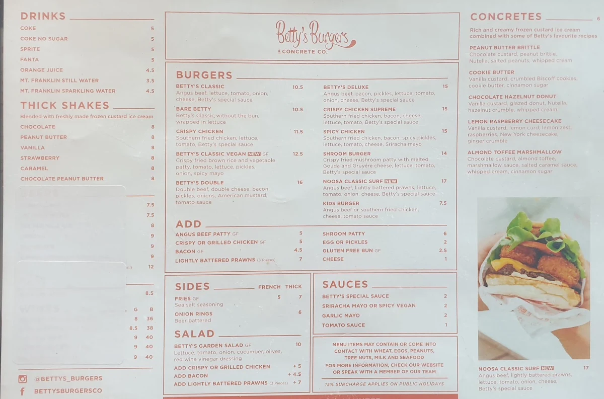 Menu, Betty's Burgers