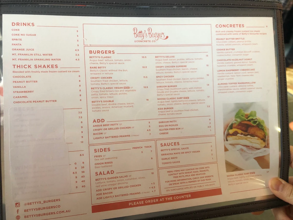 Menu, Betty's Burgers