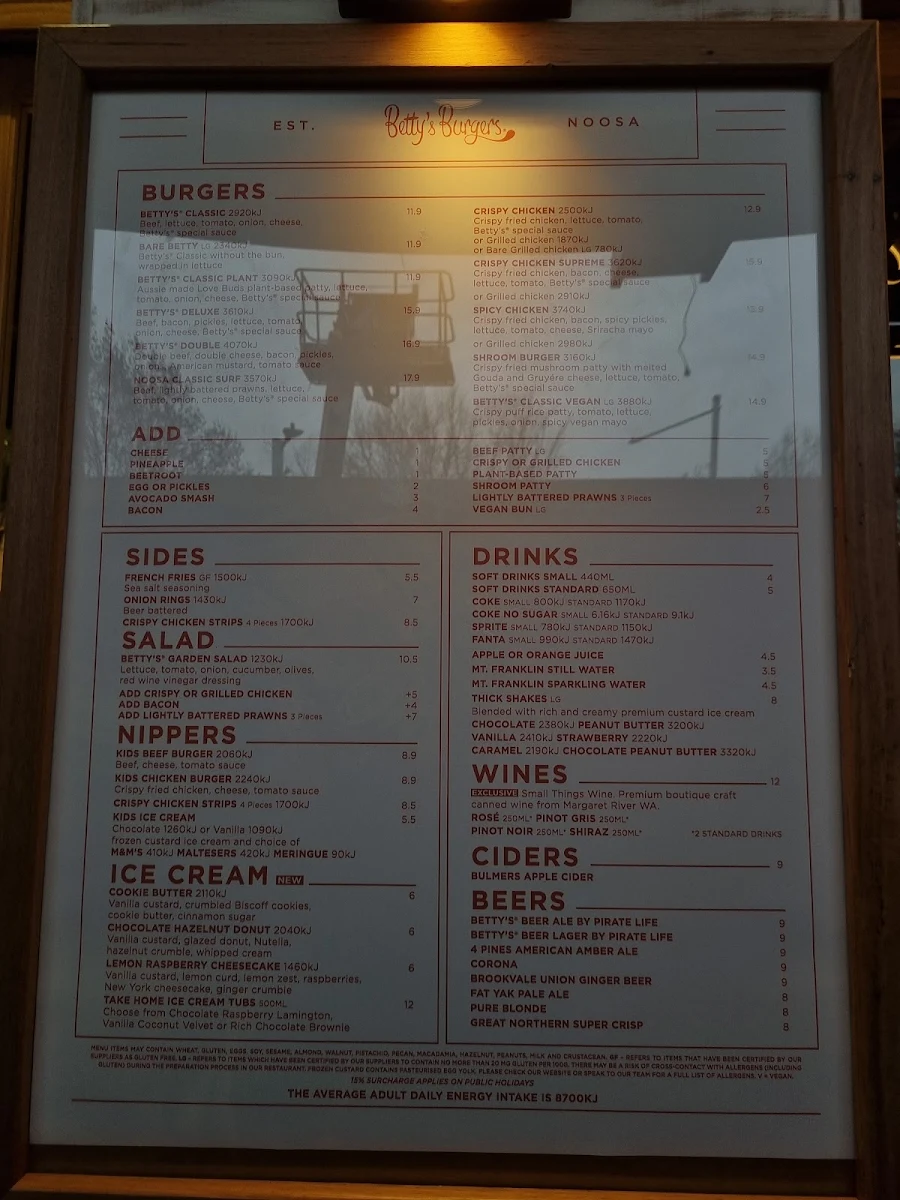 Menu, Betty's Burgers