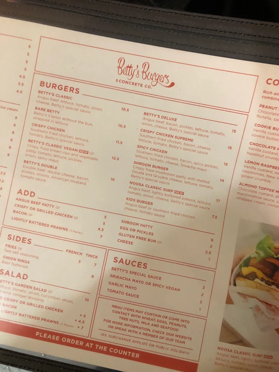 Menu, Betty's Burgers