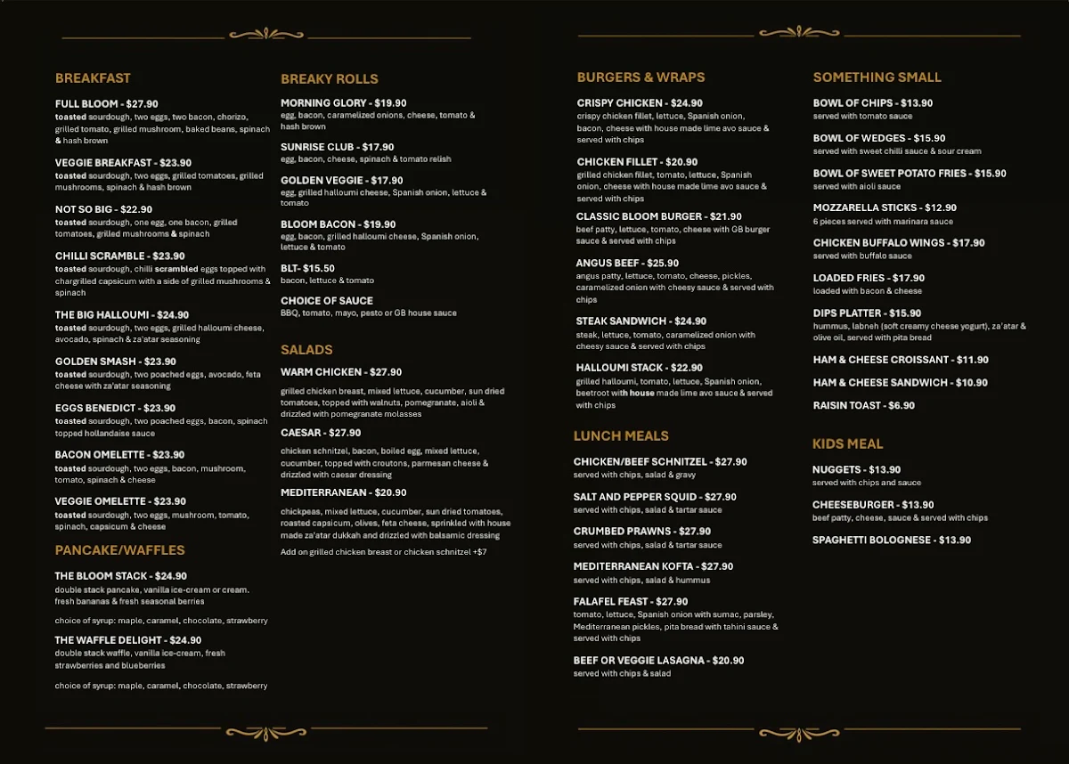 Menu, Golden Bloom Cafe