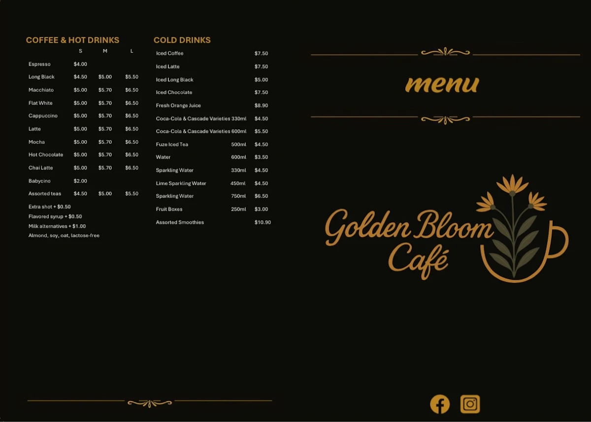 Menu, Golden Bloom Cafe