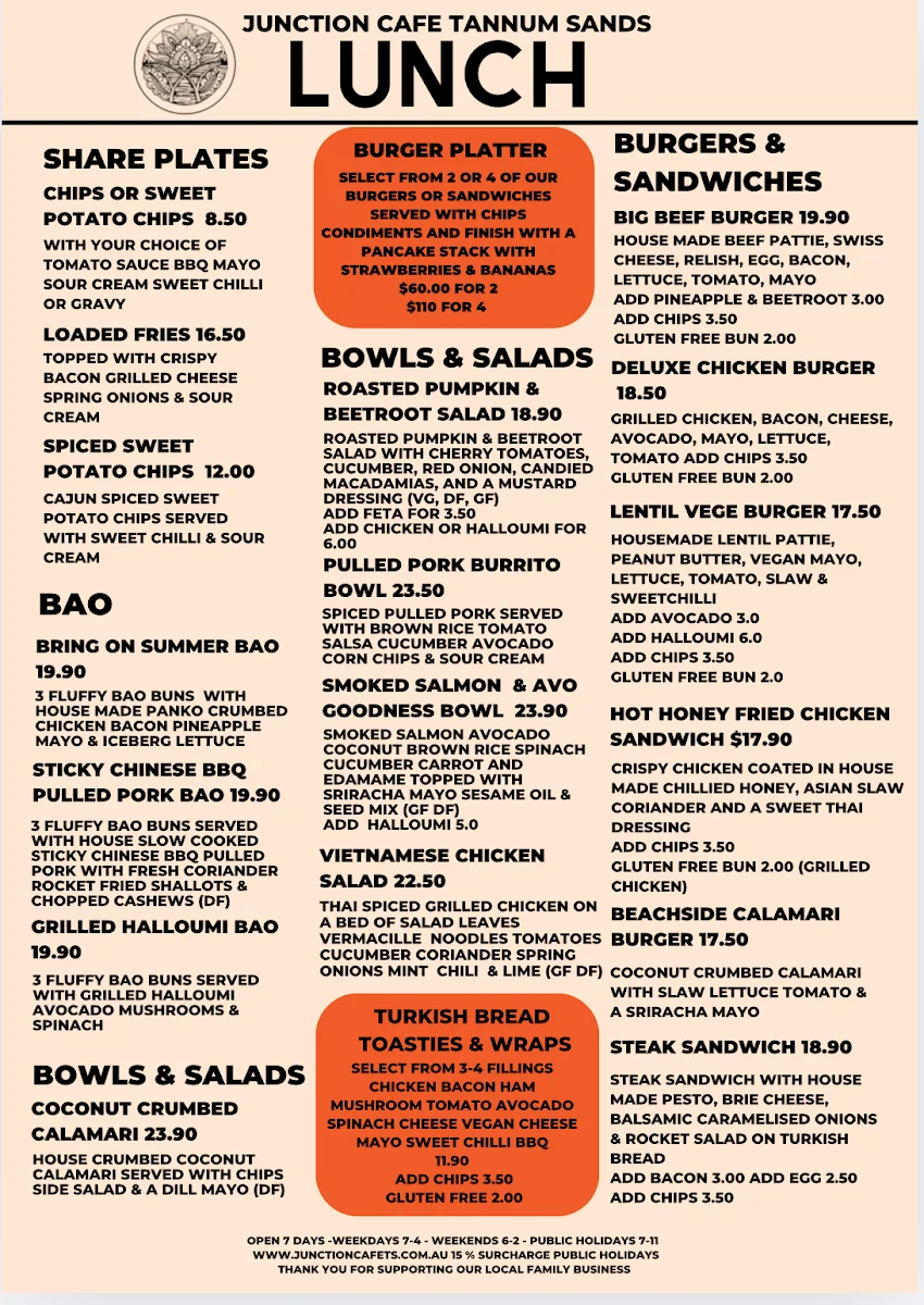 Menu, Junction cafe