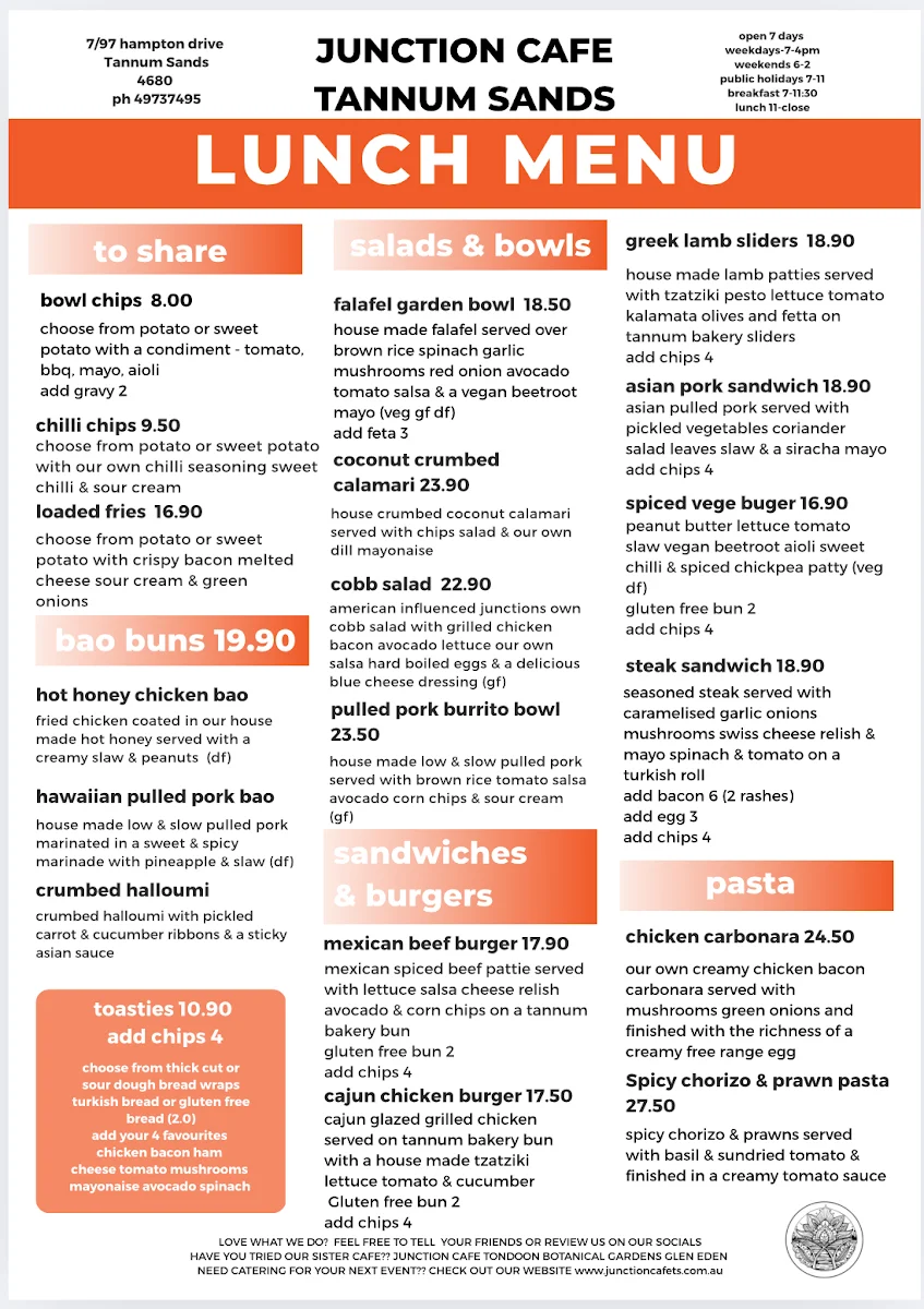 Menu, Junction cafe