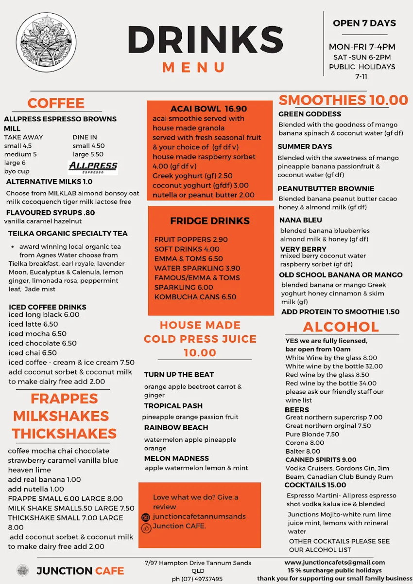 Menu, Junction cafe