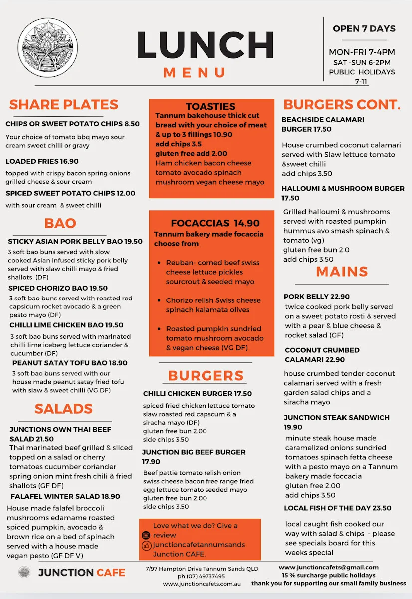 Menu, Junction cafe